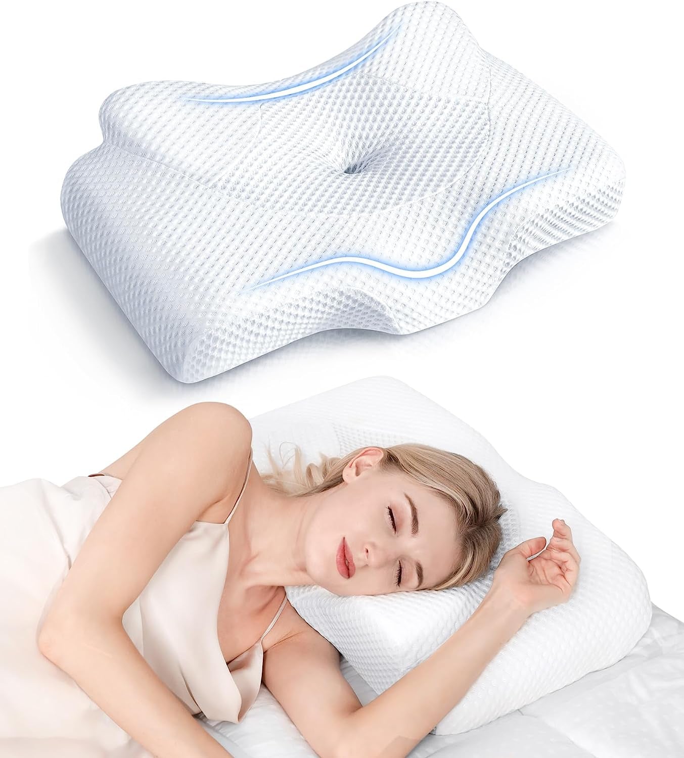 Cervical Pillow for Neck Pain Relief, Hollow Design Odorless Memory Foam Pillows with Cooling Case, Adjustable Orthopedic Bed Pillow for Sleeping, Support for Side Back Sleepers