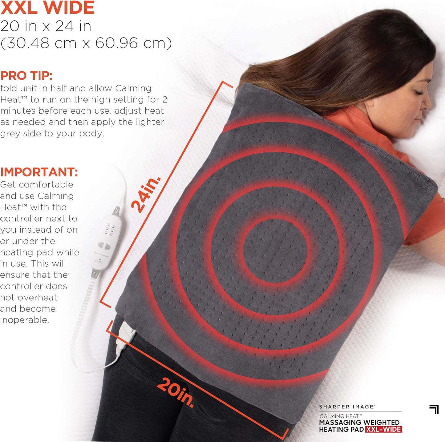 Calming Heat Xxl-Wide Massaging Weighted Heating Pad by Sharper Image- Electric Heating Pad with Massaging Vibrations, Auto-Off, 12 Settings- 3 Heat, 9 Massage- 27 Relaxing Combos, 20” X 24”, 5 Lbs