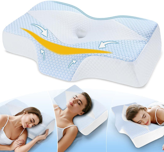 Orthopedic Memory Foam Pillow for Neck Shoulder Pain Relief - Ergonomic Neck Support Sleeping Pillow for Side, Back & Stomach Sleepers - Cervical Bed Pillow with Cooling Cover-Reading Pillow