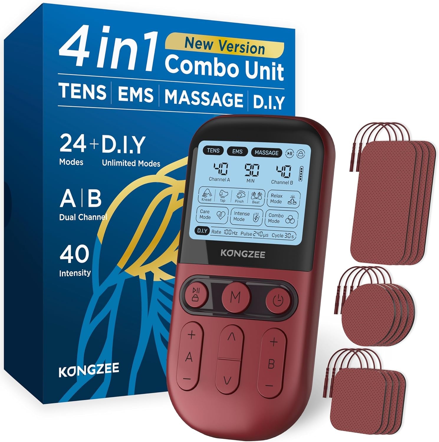 4 in 1 - D.I.Y & Tens Unit & EMS & Massage Muscle Stimulator, Dual Channel TENS Units Therapy Machine for Pain Relief, FDA Cleared Rechargeable Electronic Pulse Massager,With 12Pcs Electrode Pads