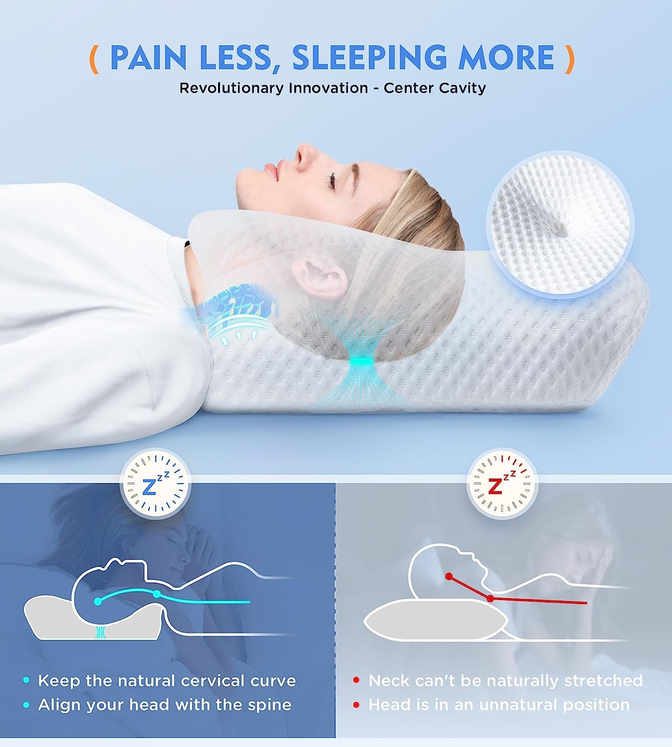 Cervical Pillow for Neck Pain Relief, Hollow Design Odorless Memory Foam Pillows with Cooling Case, Adjustable Orthopedic Bed Pillow for Sleeping, Support for Side Back Sleepers