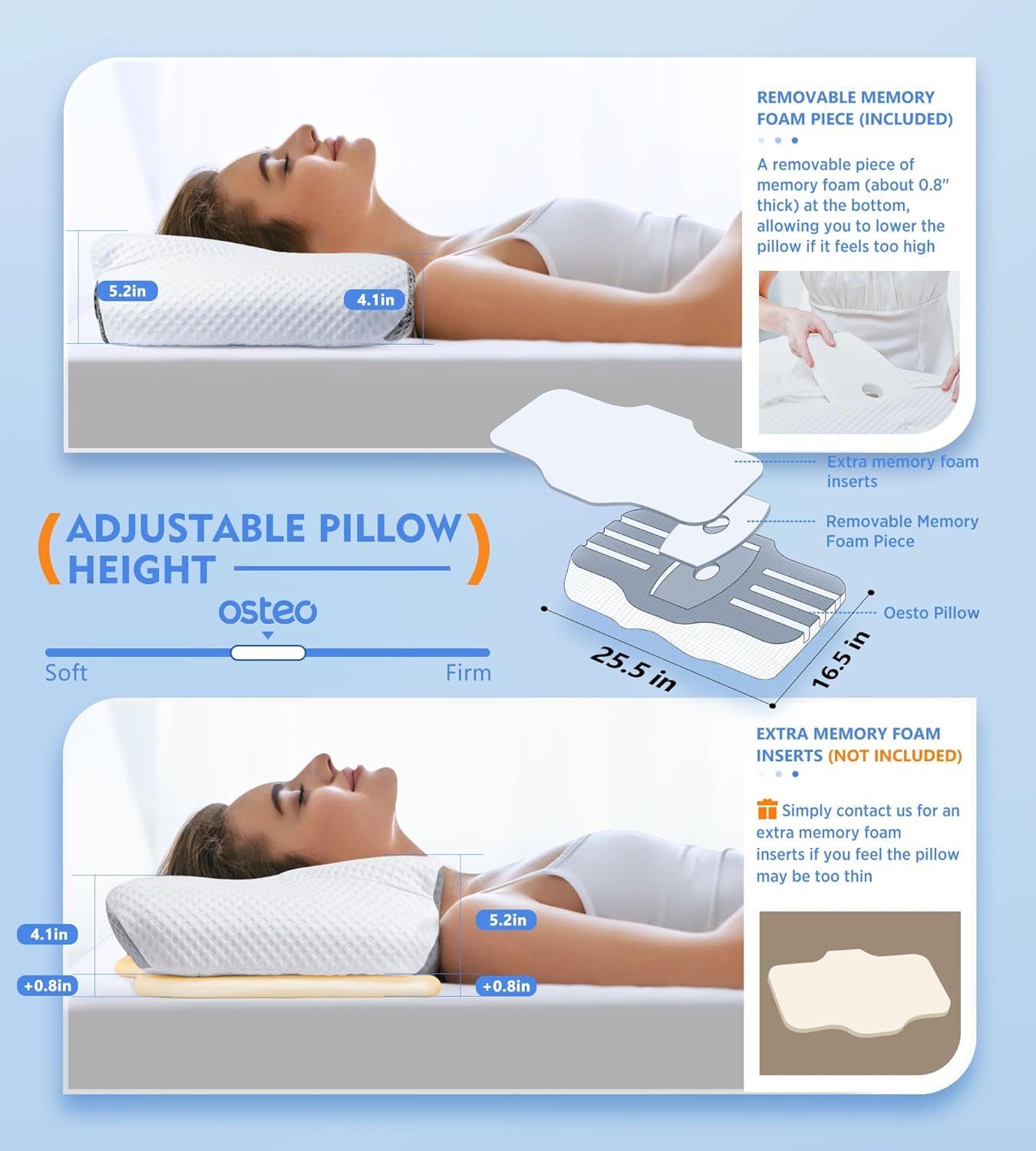 Cervical Pillow for Neck Pain Relief, Hollow Design Odorless Memory Foam Pillows with Cooling Case, Adjustable Orthopedic Bed Pillow for Sleeping, Support for Side Back Sleepers