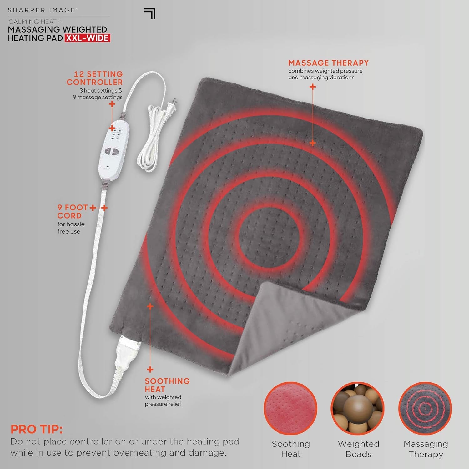Calming Heat Xxl-Wide Massaging Weighted Heating Pad by Sharper Image- Electric Heating Pad with Massaging Vibrations, Auto-Off, 12 Settings- 3 Heat, 9 Massage- 27 Relaxing Combos, 20” X 24”, 5 Lbs