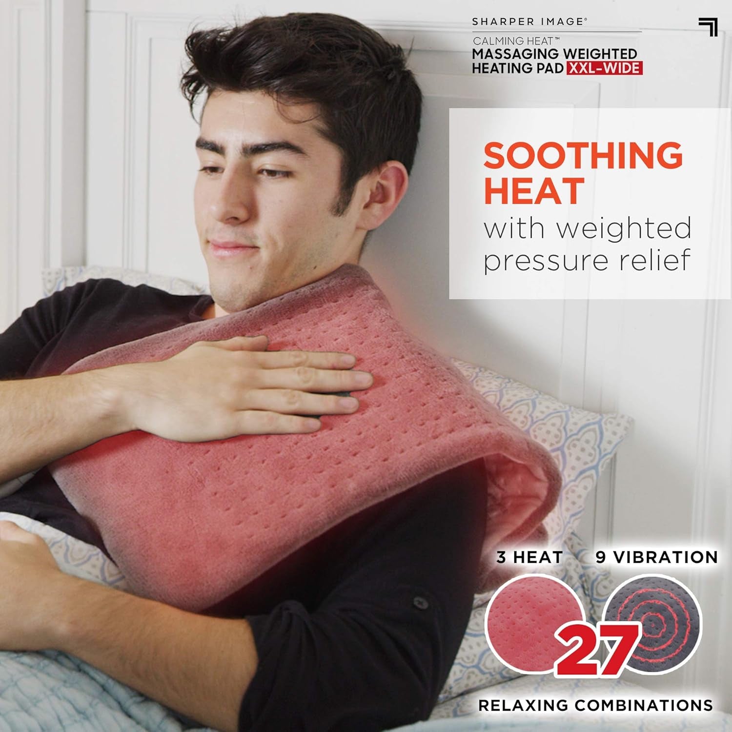 Calming Heat Xxl-Wide Massaging Weighted Heating Pad by Sharper Image- Electric Heating Pad with Massaging Vibrations, Auto-Off, 12 Settings- 3 Heat, 9 Massage- 27 Relaxing Combos, 20” X 24”, 5 Lbs