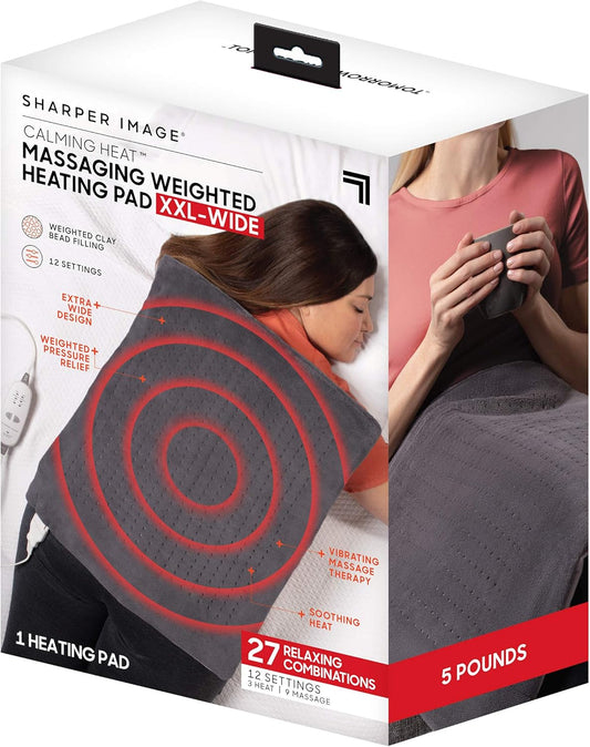 Calming Heat Xxl-Wide Massaging Weighted Heating Pad by Sharper Image- Electric Heating Pad with Massaging Vibrations, Auto-Off, 12 Settings- 3 Heat, 9 Massage- 27 Relaxing Combos, 20” X 24”, 5 Lbs